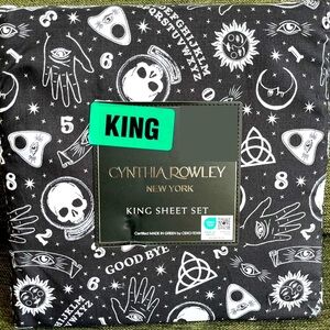 Cynthia Rowley Halloween Witchy Ouija Skull Spooky Black KING Bed Sheet Set